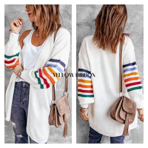 NEW Vintage 70’s 80’s White Rainbow Stripe Open Front Cardigan Sweater - Picture 6 of 8
